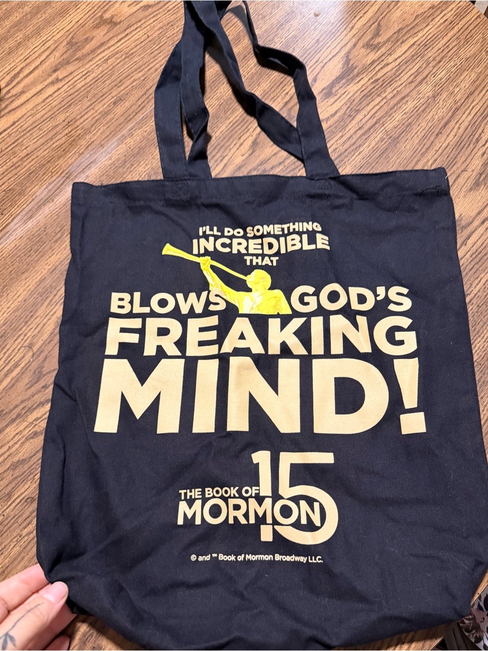 Black The Book of Mormon Canvas Tote Bag with Yellow Print